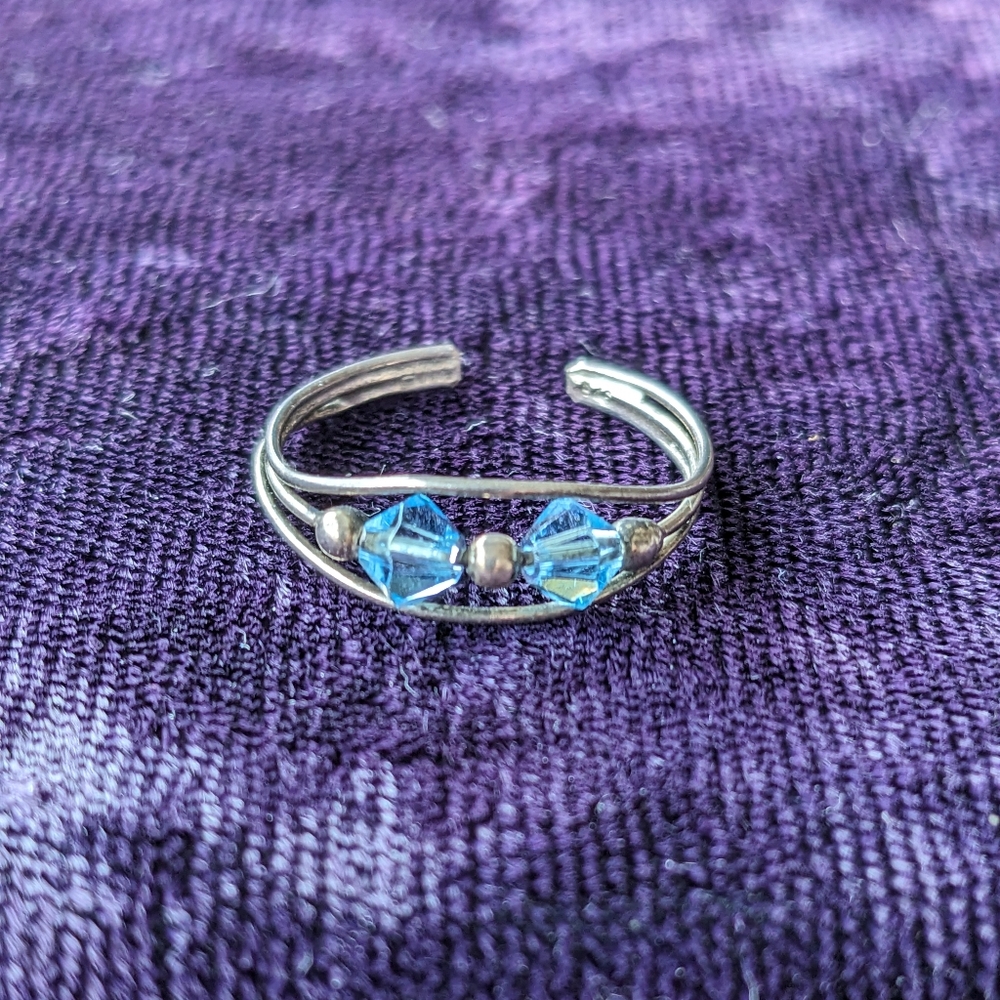 Delicate 925 Sterling Silver Ring With Blue Crystals, Adjustable